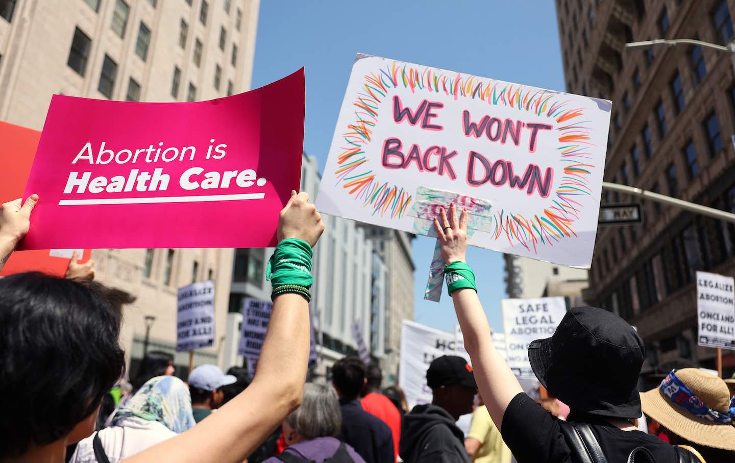 Protestors demonstrate at the March for Reproductive Rights organized by Women’s March LA on April 15, 2023 in Los Angeles, Calif.