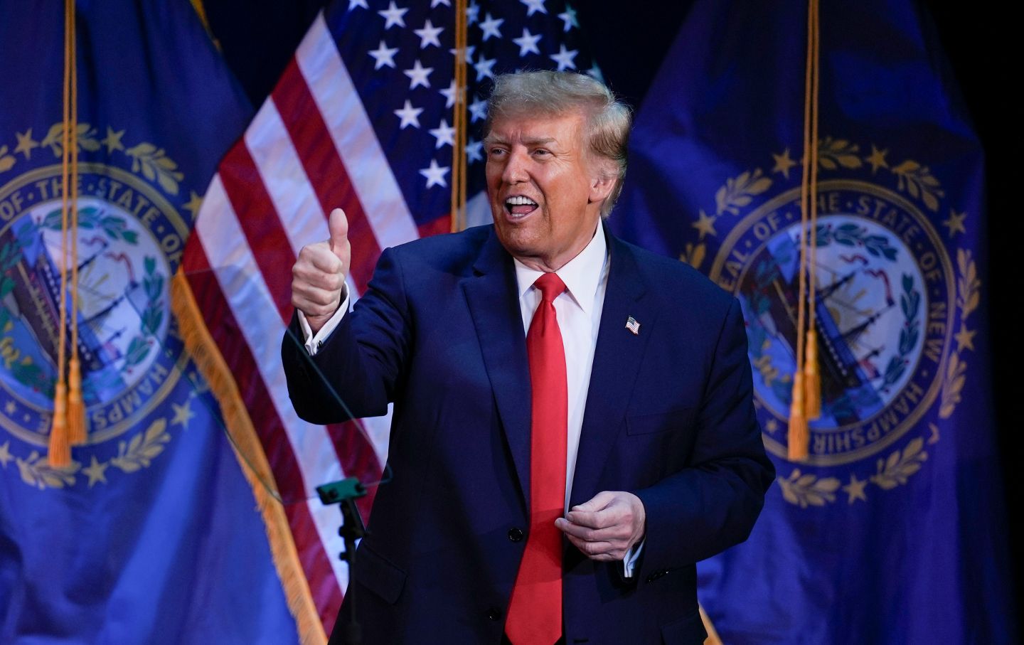 Republican presidential candidate former President Donald Trump gives a thumbs up after speaking at a campaign event in Rochester, N.H., Sunday, Jan. 21, 2024.