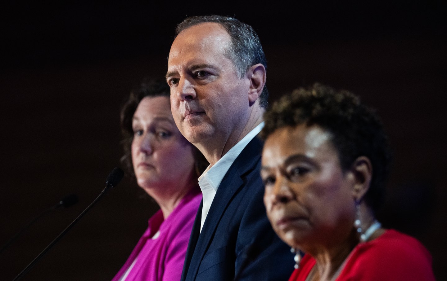 California Representatives Katie Porter, Adam Schiff, and Barbara Lee, Democratic candidates for the US Senate, participate in the National Union of Healthcare Workers Senate Candidate Forum in downtown Los Angeles, Calif., on Sunday, October 8, 2023.