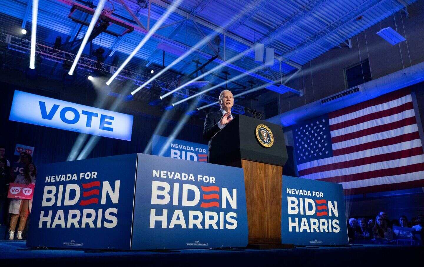 Joe Biden spaeaks during a campaign rally at Pearson Community Center in Las Vegas, Nevada, on February 4, 2024.
