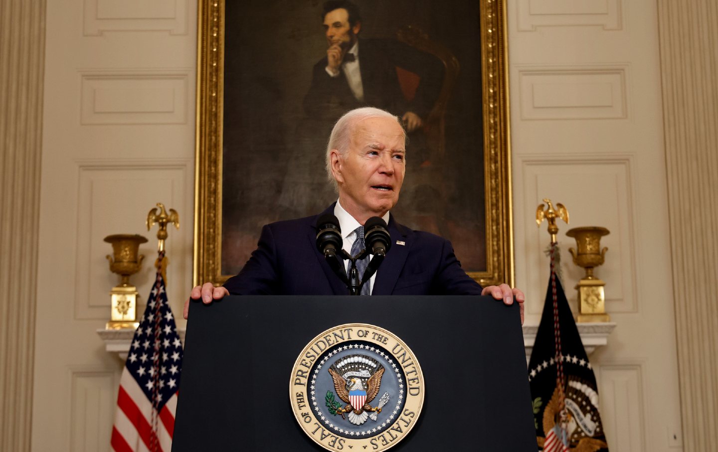 President Joe Biden speaks in the State Dining Room at the White House on May 31, 2024, in Washington, DC.