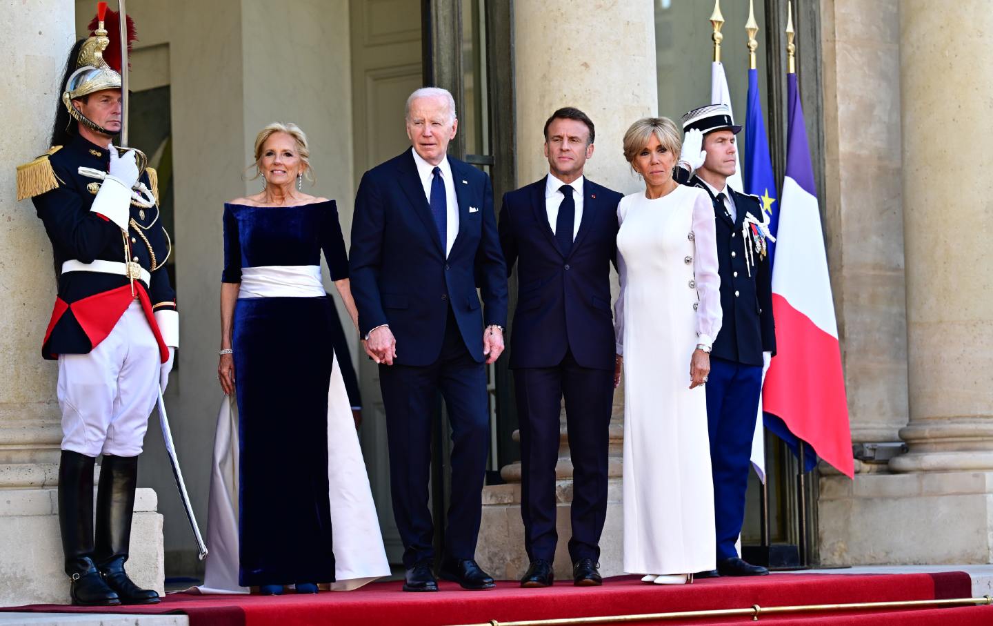 First lady Jill Biden, President Joe Biden, French President Emmanuel Macron, and Brigitte Macron arrive at Elysée Palace on June 8, 2024, in Paris, France.