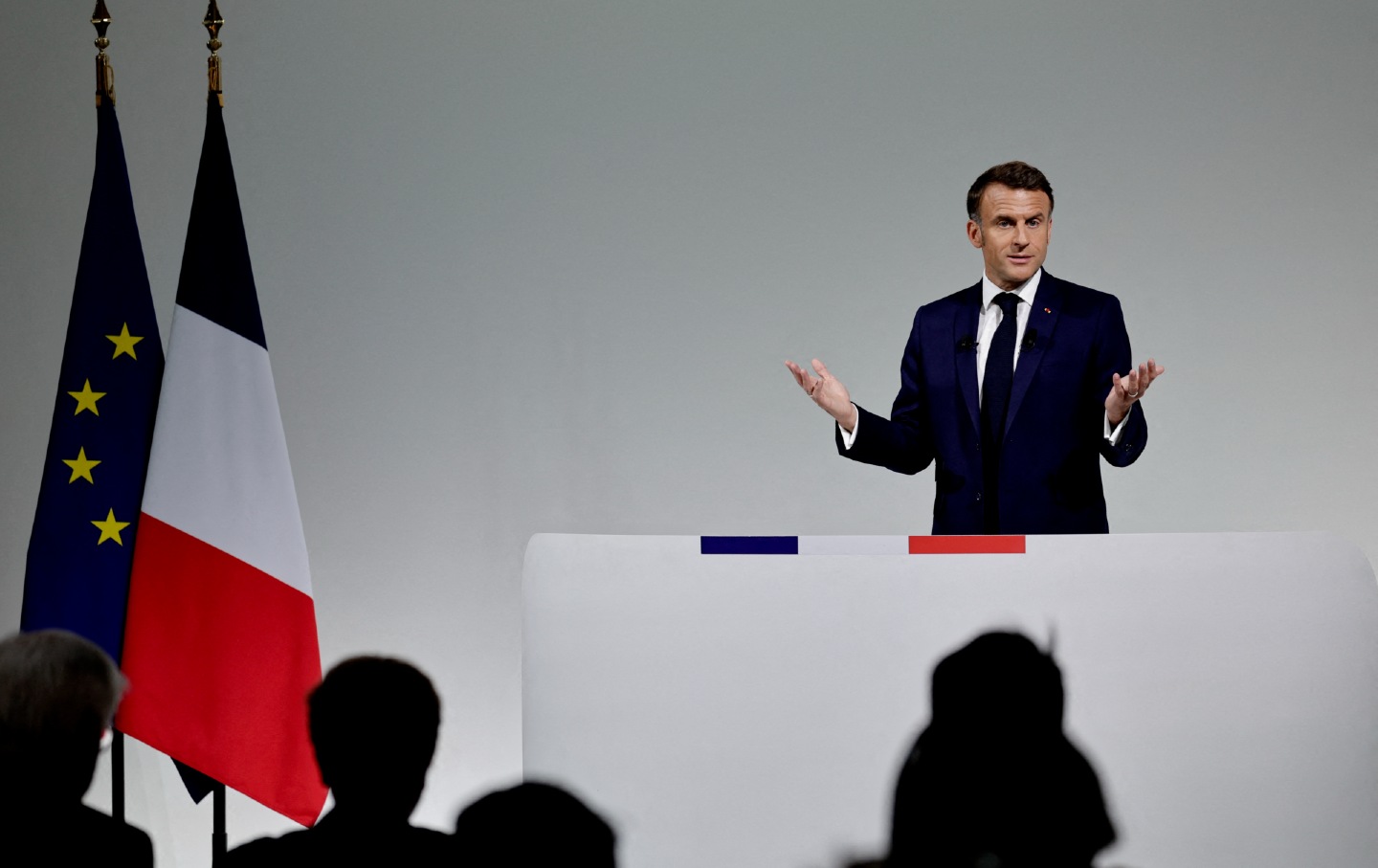 French President Emmanuel Macron delivers remarks during a press conference following his announcement that he was dissolving Parliament, at the Pavillon Cambon Capucines in Paris on June 12, 2024.