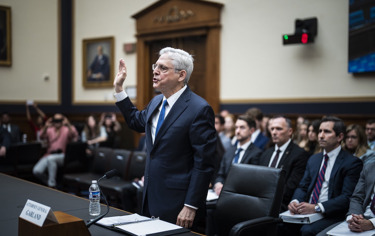 Attorney General Merrick Garland is sworn in as he testifies during a House Judiciary Committee hearing on the Department of Justice, on Capitol Hill in Washington, DC, on Tuesday, June 4, 2024.