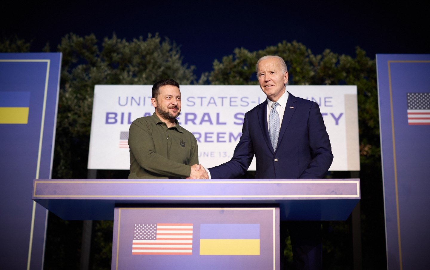 Ukrainian President Volodymyr Zelensky and US President Joe Biden hold a joint press conference at the Masseria San Domenico on the sidelines of the G7 Summit hosted by Italy on June 13, 2024.