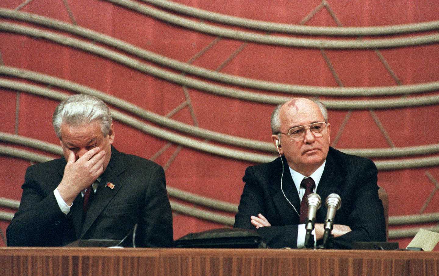 Russian Federation President Boris Yeltsin and Soviet President Mikhail Gorbachev at the opening of the Congress of People's Deputies of the USSR in Moscow on December 17, 1990.