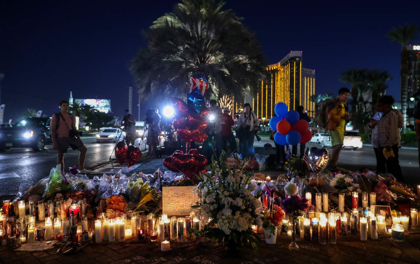 A makeshift memorial for the victims of the Las Vegas mass shooting who were killed when a gunman opened fire on them in October 2017