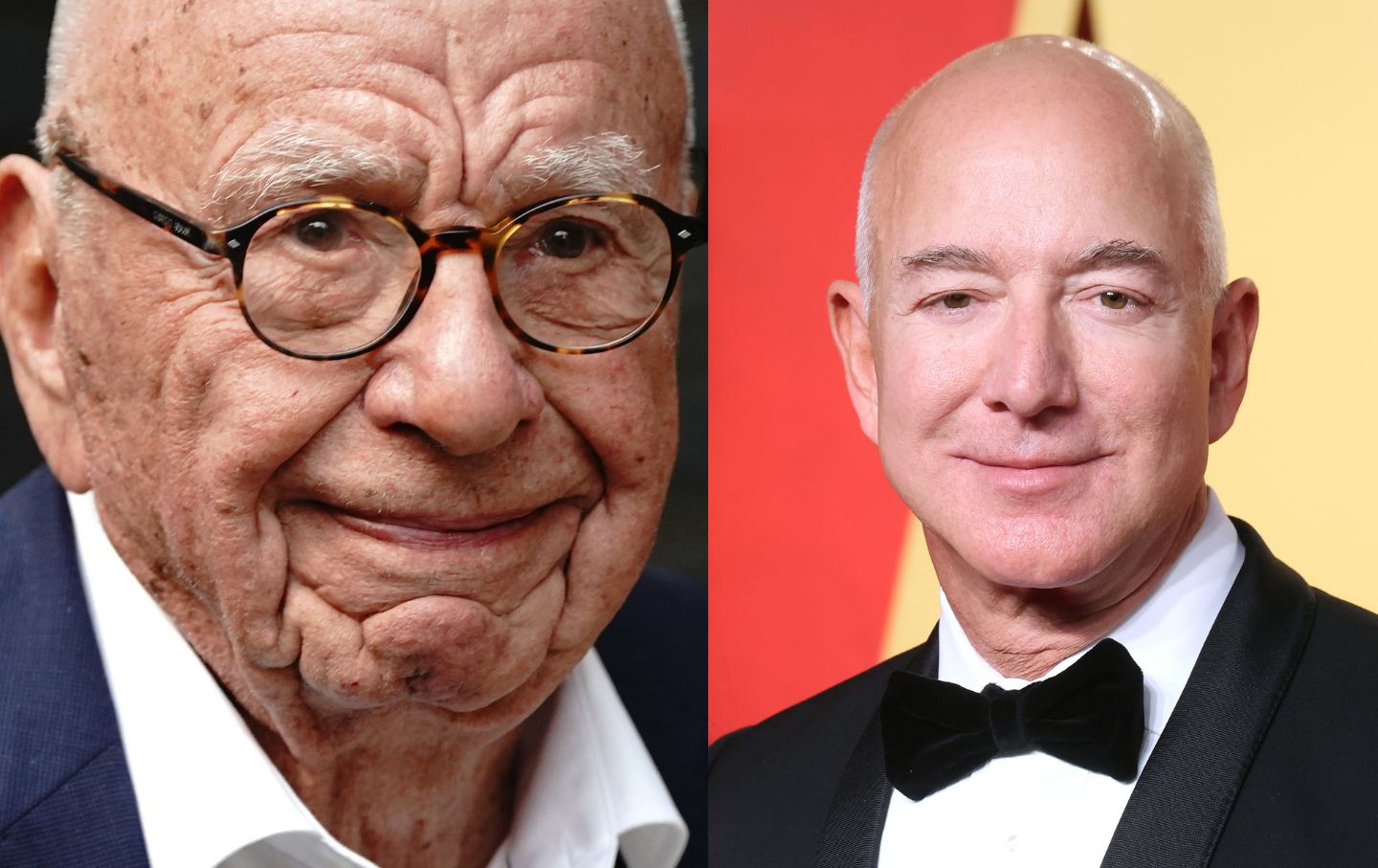 (L) Rupert Murdoch at his annual party at Spencer House in London on June 22, 2023, and (R) Jeff Bezos at the Vanity Fair Oscar Party on March 10, 2024.