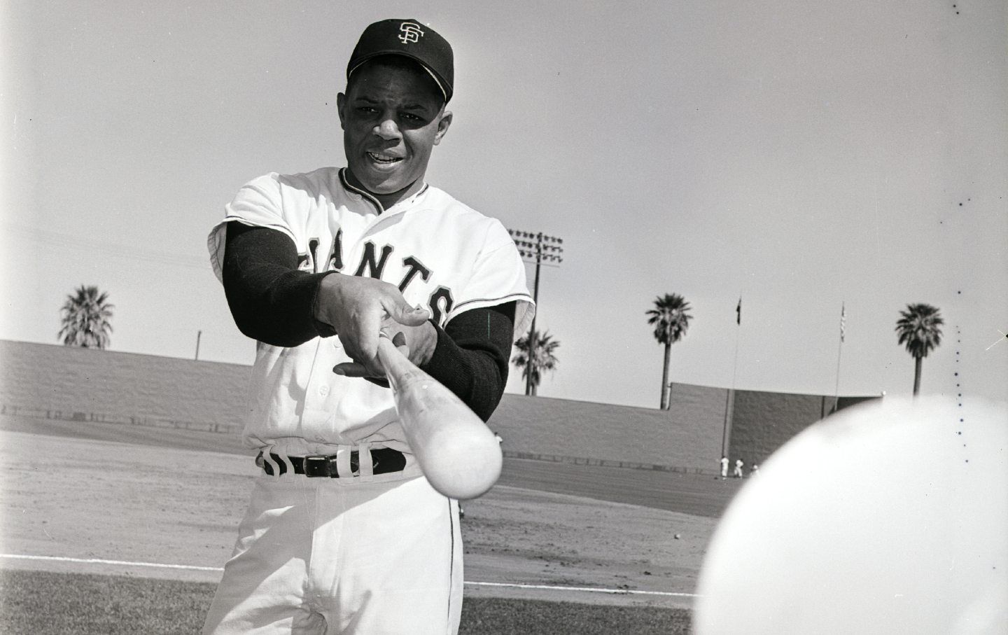 San Francisco Giant center fielder Willie Mays swings his bat during spring training in Phoenix, Arizona, on February 24, 1961.