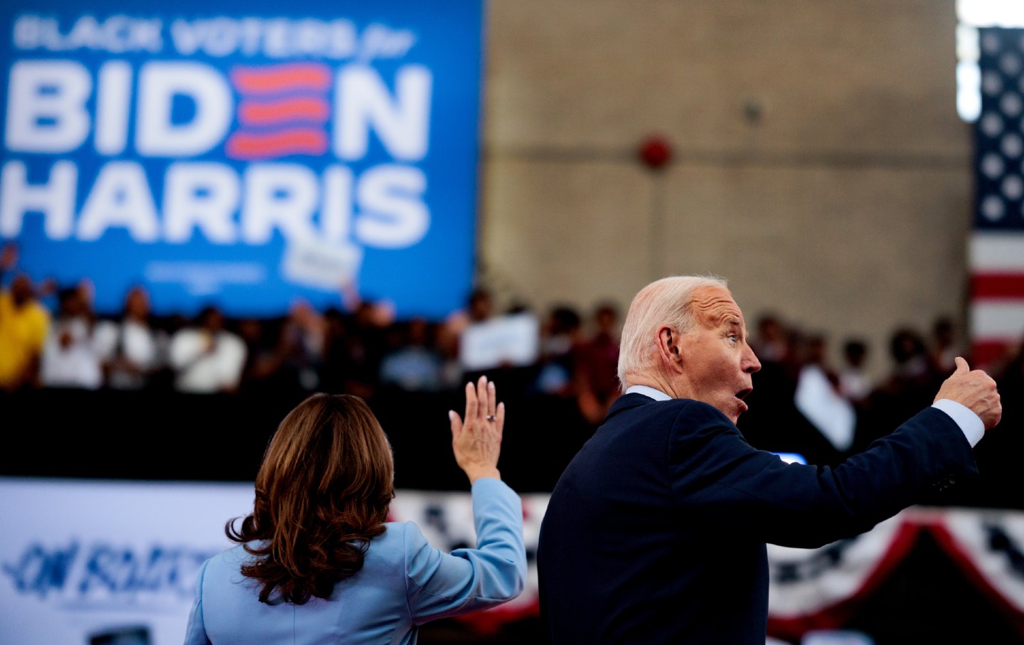 President Joe Biden, right, and Vice President Kamala Harris wave and give thumbs up during a campaign event at Girard College in Philadelphia, Pennsylvania, May 29, 2024.