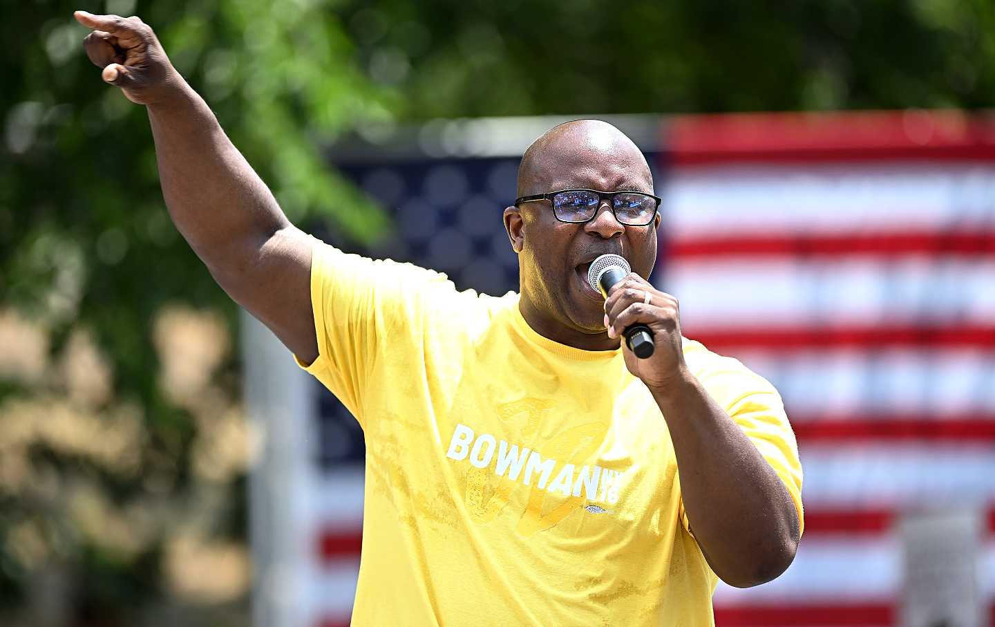 Jamaal Bowman speaks at a campaign rally at St. Mary's Park in the Bronx on June 22, 2024, in New York City.