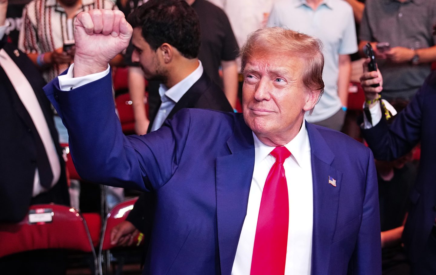 Donald Trump lifting his fist in front of a crowd.