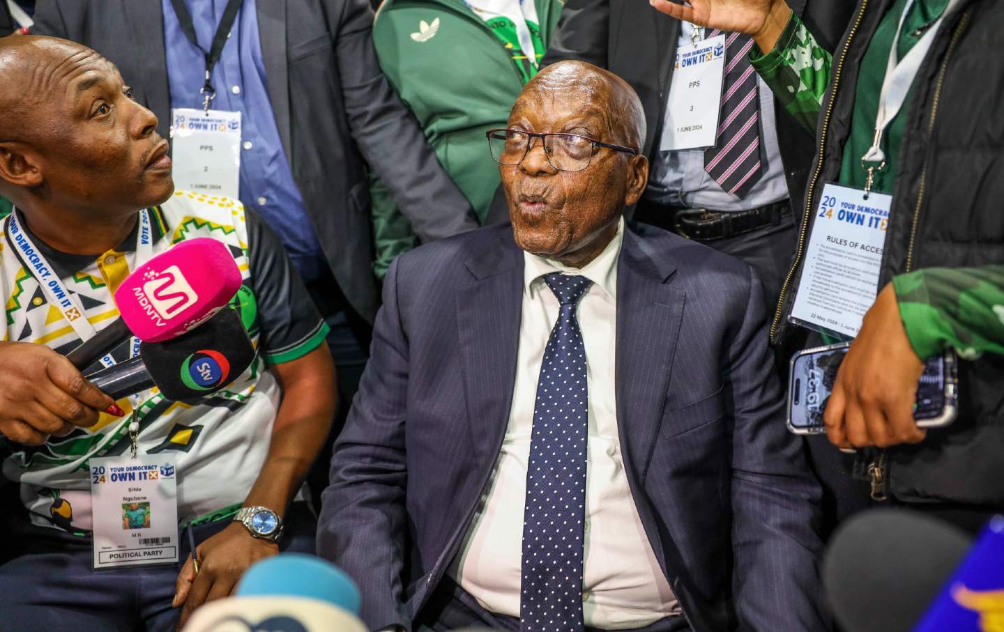 Jacob Zuma, the leader of the uMkhonto weSizwe (MK) Party, reacts to a question at the National Result Operation Centre (ROC) at Gallagher Estate on June 1, 2024, in Midrand, South Africa.