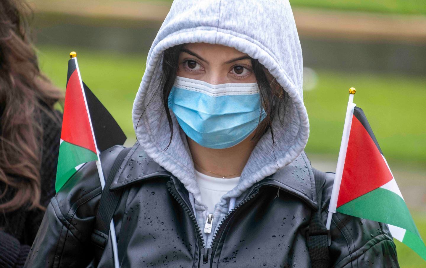 A rainy pro-Palestine protest in Los Angeles.
