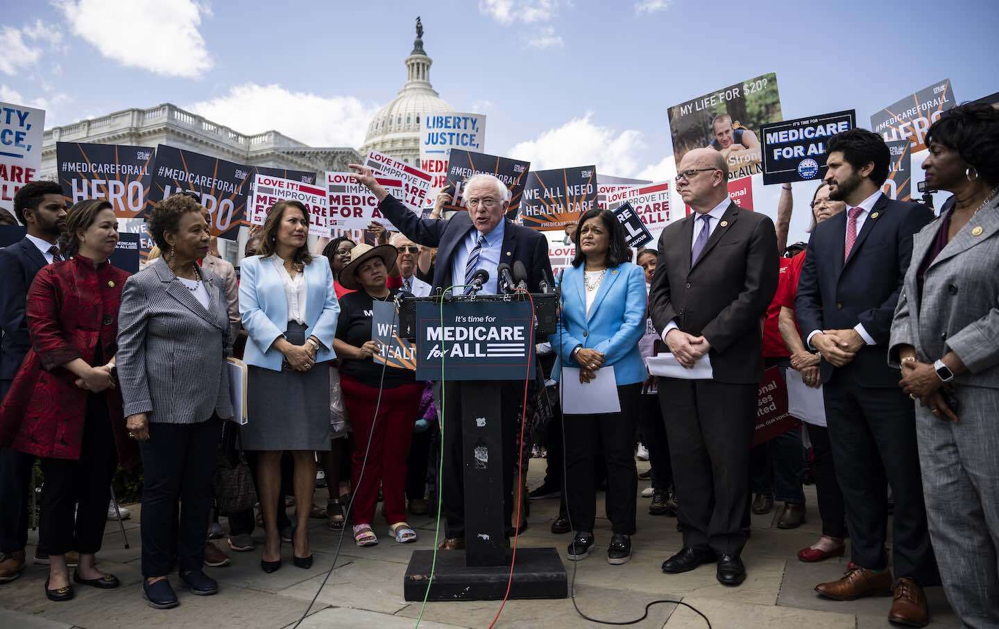 Senator Bernie Sanders (I-VT) speaks during a news conference with House Democrats to announce the reintroduction of the Medicare for All Act, outside the US Capitol on May 17, 2023, in Washington, DC.