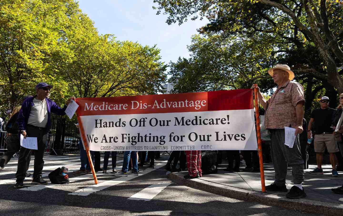 Retirees protesting the Medicare Advantage situation relating to the 12-126 law outside of City Hall in New York on October 12, 2022.