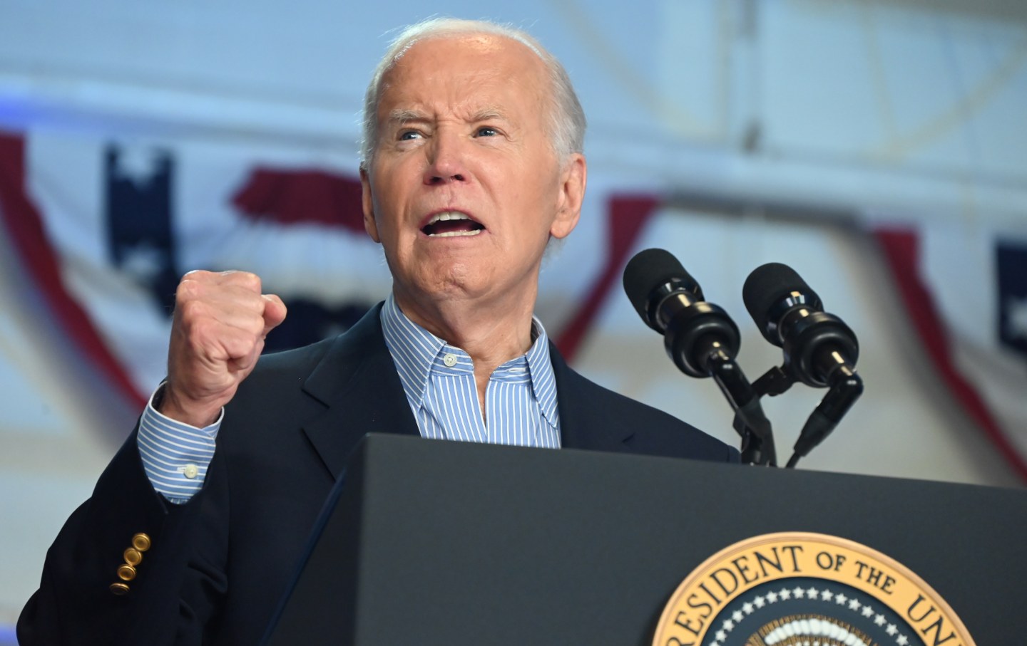 Joe Biden delivers remarks at a campaign rally at Sherman Middle School in Madison, Wisconsin, on July 5, 2024.