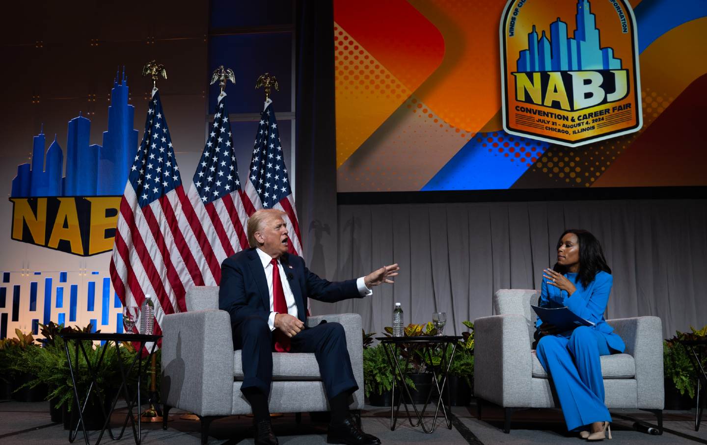 Donald Trump speaks with Rachel Scott, senior congressional correspondent for ABC News, during a question-and-answer session at the National Association of Black Journalists convention on July 31, 2024, in Chicago, Illinois.
