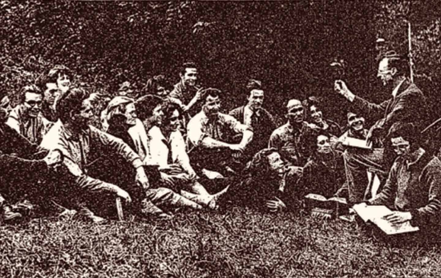 A.J. Muste (left, seated) leading a class at Brookwood in 1925.