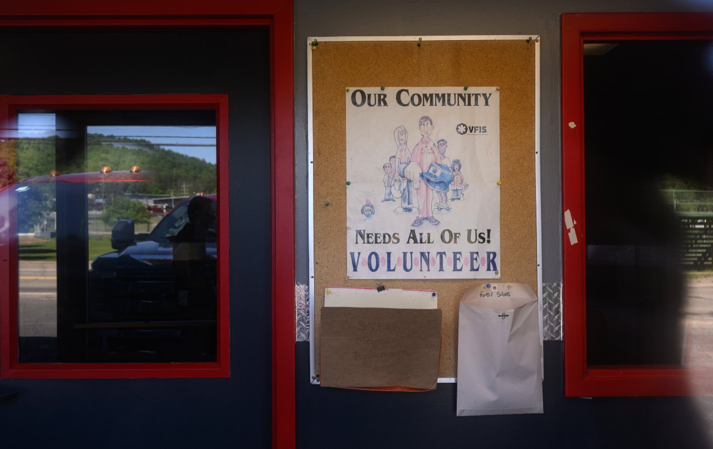 A sign calling for volunteers hangs at the Sheffield Volunteer Fire Department on Friday, May 31, 2024, in Sheffield, Pennsylvania.