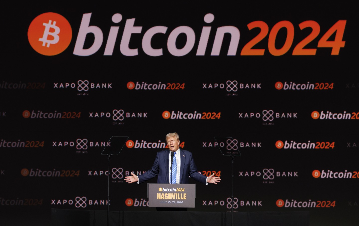 Former president Donald Trump speaks at the Bitcoin 2024 conference in Nashville, Tennessee, on Saturday, July 27, 2024.