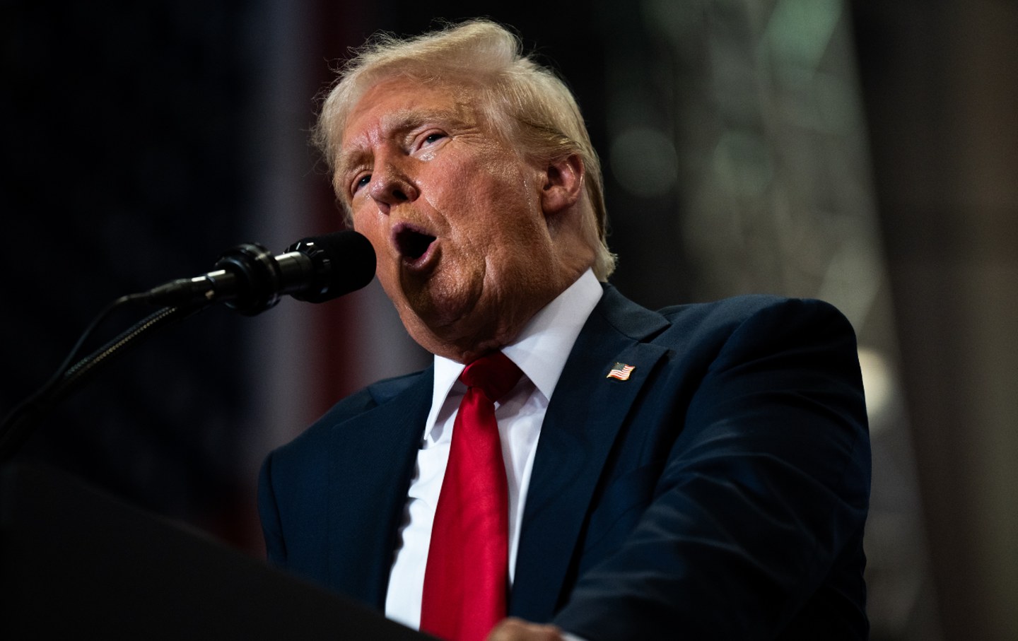 US Republican Presidential nominee former president Donald Trump speaks during a rally at Herb Brooks National Hockey Center on July 27, 2024, in St Cloud, Minnesota.