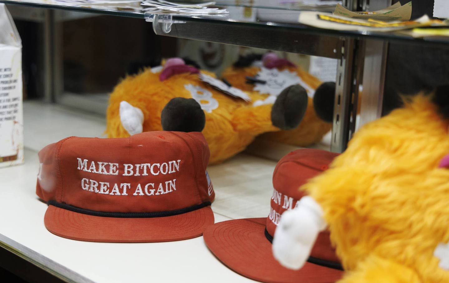 “Make Bitcoin Great Again” hats displayed for sale at the Bitcoin 2024 conference in Nashville, Tennessee, on Saturday, July 27, 2024.