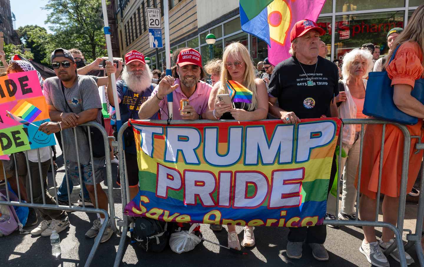 Supporters of Donald Trump gather outside of the Stonewall Inn as President Joe Biden’s motorcade passes by in New York City.