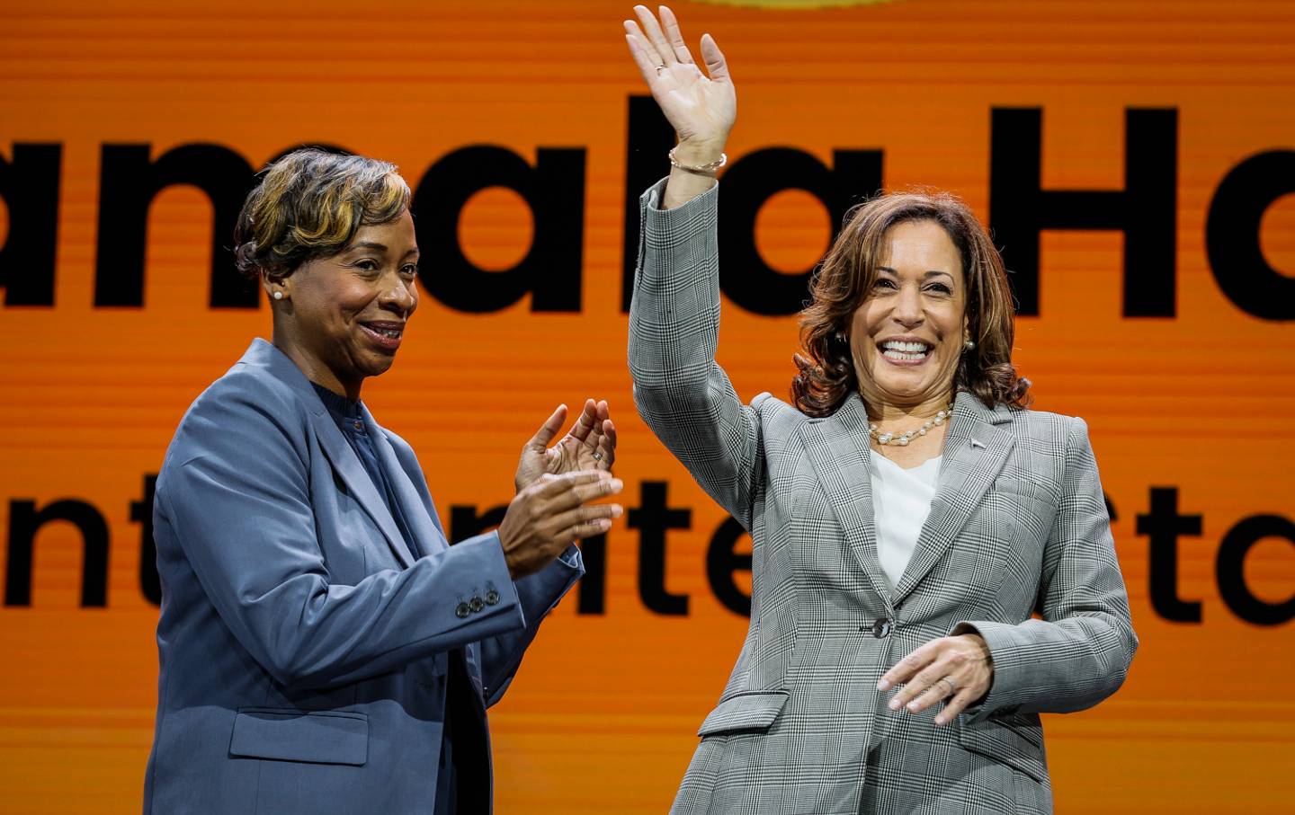 Vice President Kamala Harris takes the stage alongside Andrea Campbell, who is being discussed as a possible attorney general pick.