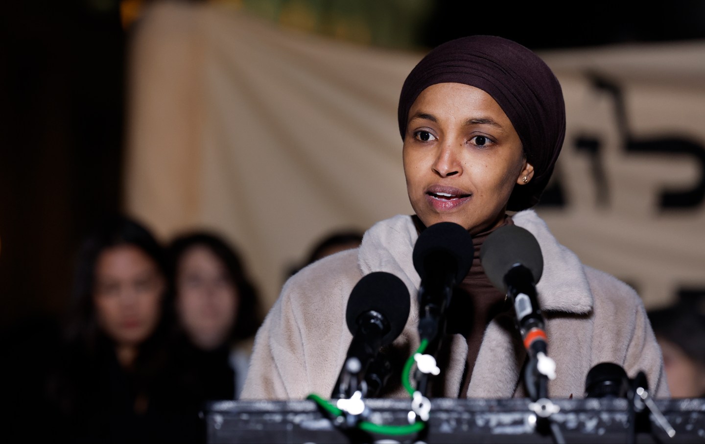 Ilhan Omar peaks during a news conference calling for a ceasefire in Gaza outside the US Capitol building on November 13, 2023.