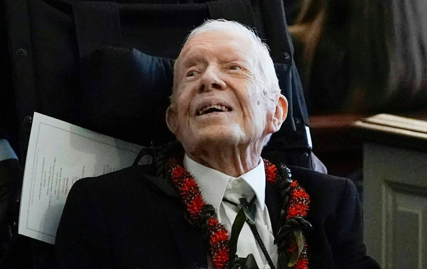 Former President Jimmy Carter departs after the funeral service for former first lady Rosalynn Carter at Maranatha Baptist Church, in Plains, Georgia, on November 29, 2023.