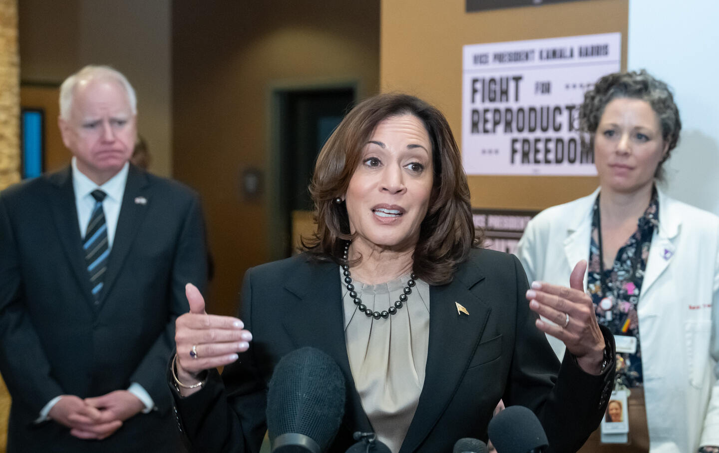 Vice President Kamala Harris speaks to the media after touring Planned Parenthood, with Governor Tim Walz and Planned Parenthood North Central States chief medical officer Sarah Traxler, MD, on Thursday, March 14, 2024, in St. Paul, Minnesota.