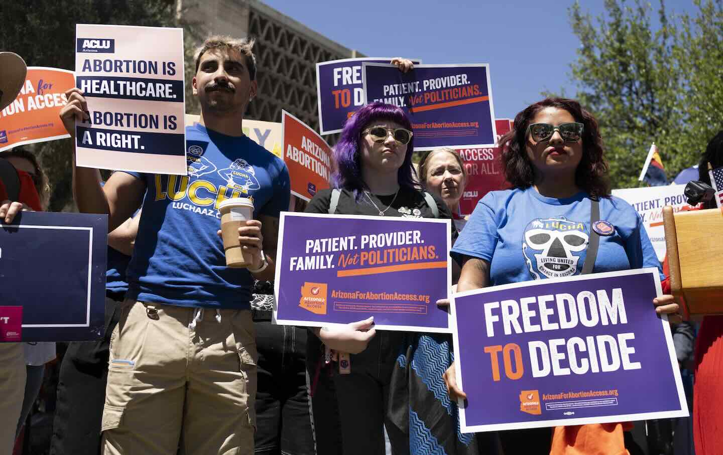 Members of Arizona for Abortion Access, the ballot initiative to enshrine abortion rights in the Arizona State Constitution, at the Arizona House of Representatives on April 17, 2024, in Phoenix.