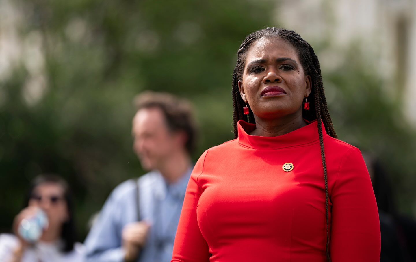 Representative Cori Bush during a news conference with students from George Washington University outside the US Capitol on May 8.