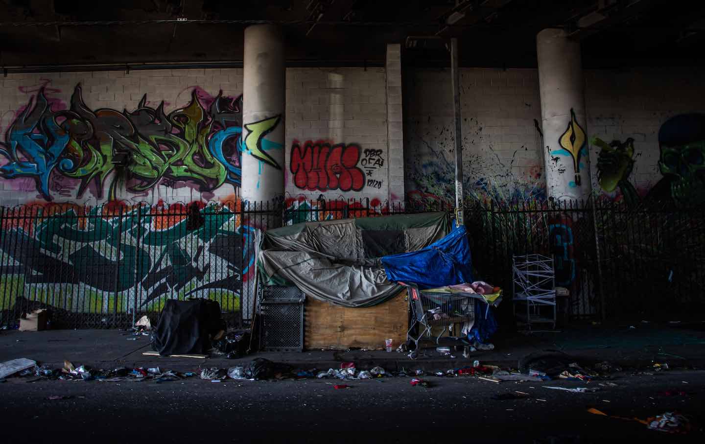 A homeless encampment under a bridge in downtown Los Angeles on July 26.