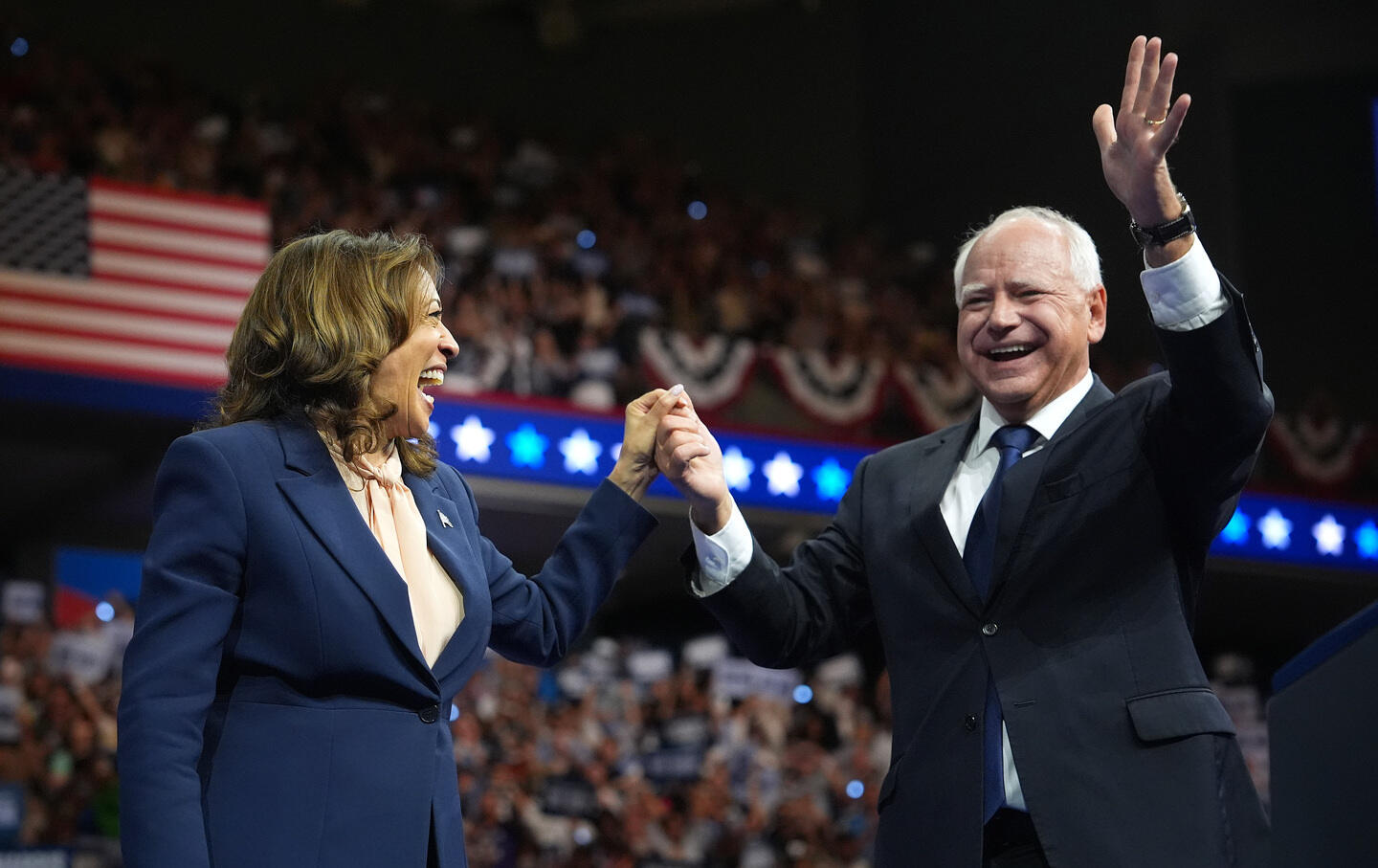 Democratic presidential and vice-presidential candidates Vice President Kamala Harris and Minnesota Governor Tim Walz during a campaign event at Girard College, on August 6, 2024, in Philadelphia, Pennsylvania.