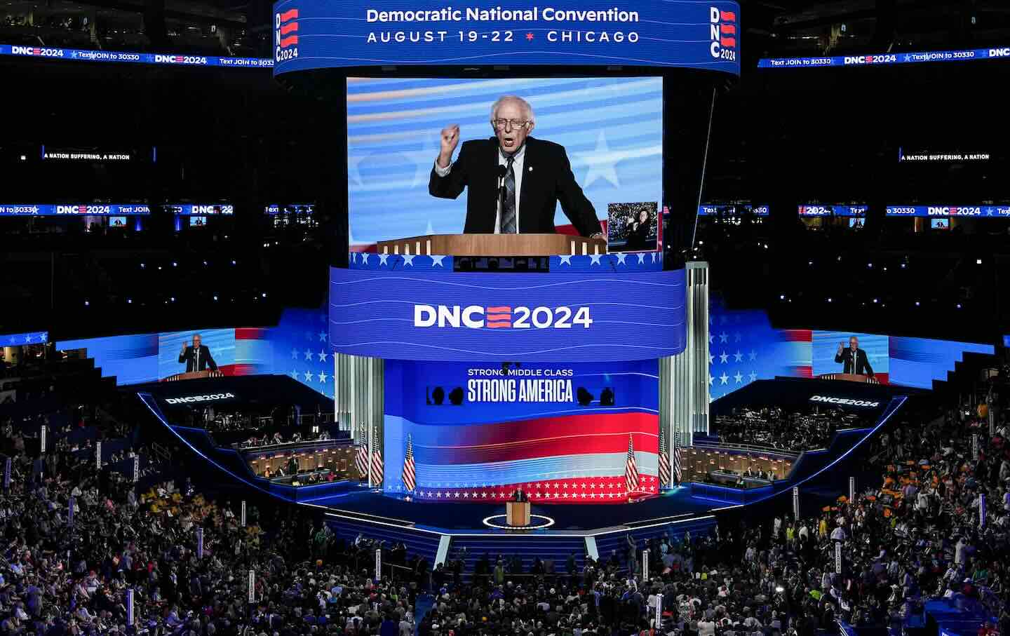 Senator Bernie Sanders, an independent from Vermont, speaks during the Democratic National Convention at the United Center in Chicago, on August 20, 2024.