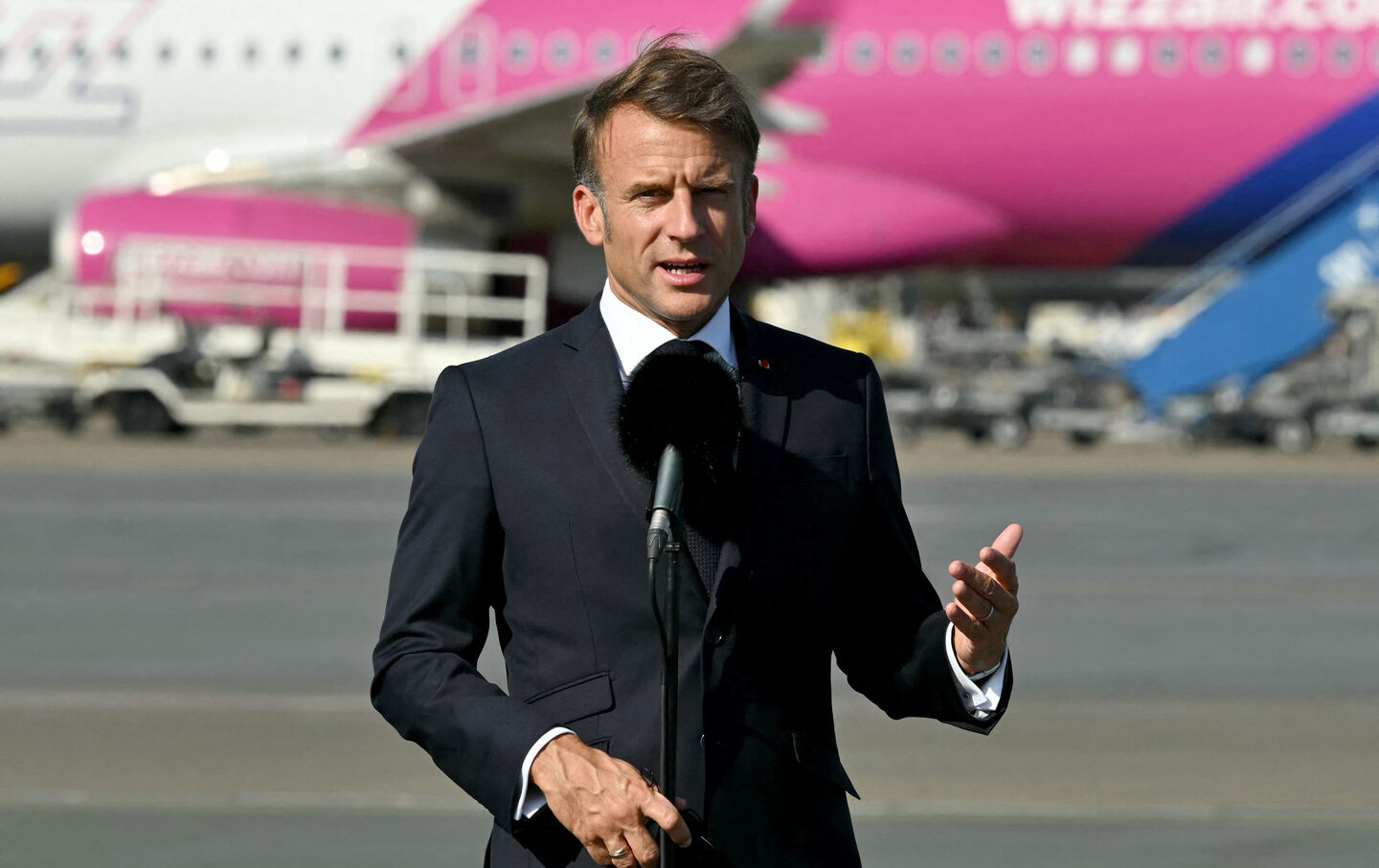 French President Emmanuel Macron delivers a speech to the media on August 30, 2024.