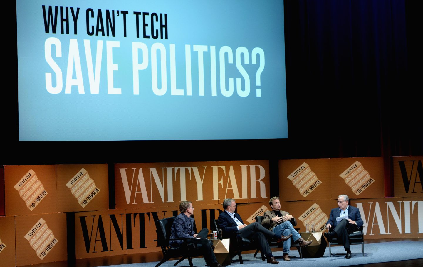 Speakers sit onstage during “Why Can’t Tech Save Politics?” at the Vanity Fair New Establishment Summit at Yerba Buena Center for the Arts on October 8, 2014, in San Francisco, California.