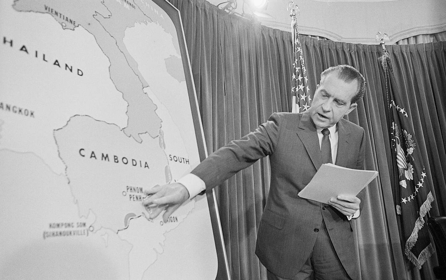 In a TV speech to the nation from the White House, President Nixon announces that several thousand American ground troops have entered Cambodia to wipe out the Communist headquarters for all military operations against South Vietnam.