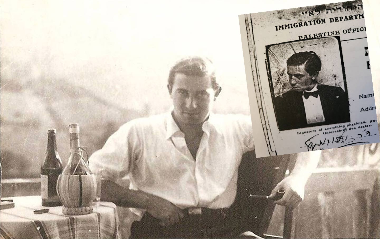 Wolfgang Yourgrau, still in his 20s, enjoys the life of a young intellectual in Weimar, Germany. Inset: Yourgrau’s entry health certificate to Palestine shows him in formal attire.