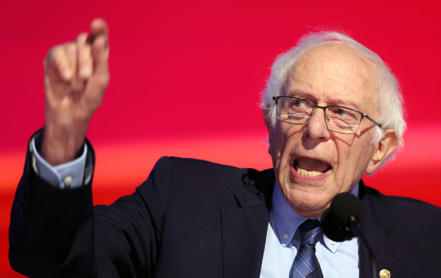 Senator Bernie Sanders speaks on the second day of the Democratic National Convention at the United Center in Chicago on August 20, 2024.