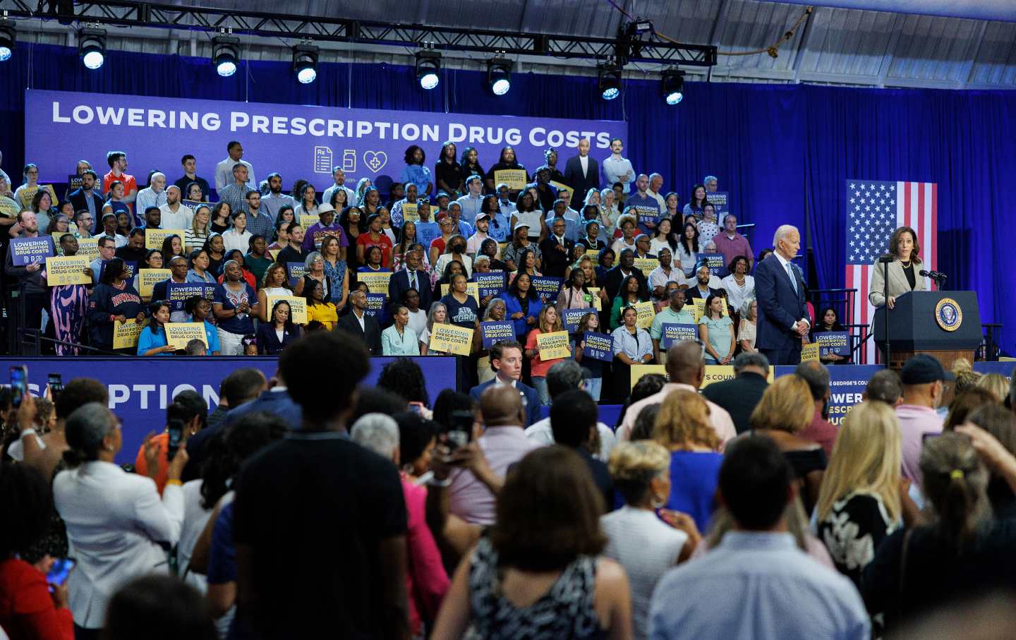 President Joe Biden and Vice President Kamala Harris speak about lowering prescription drug costs at an event at Prince George’s Community College in Maryland.