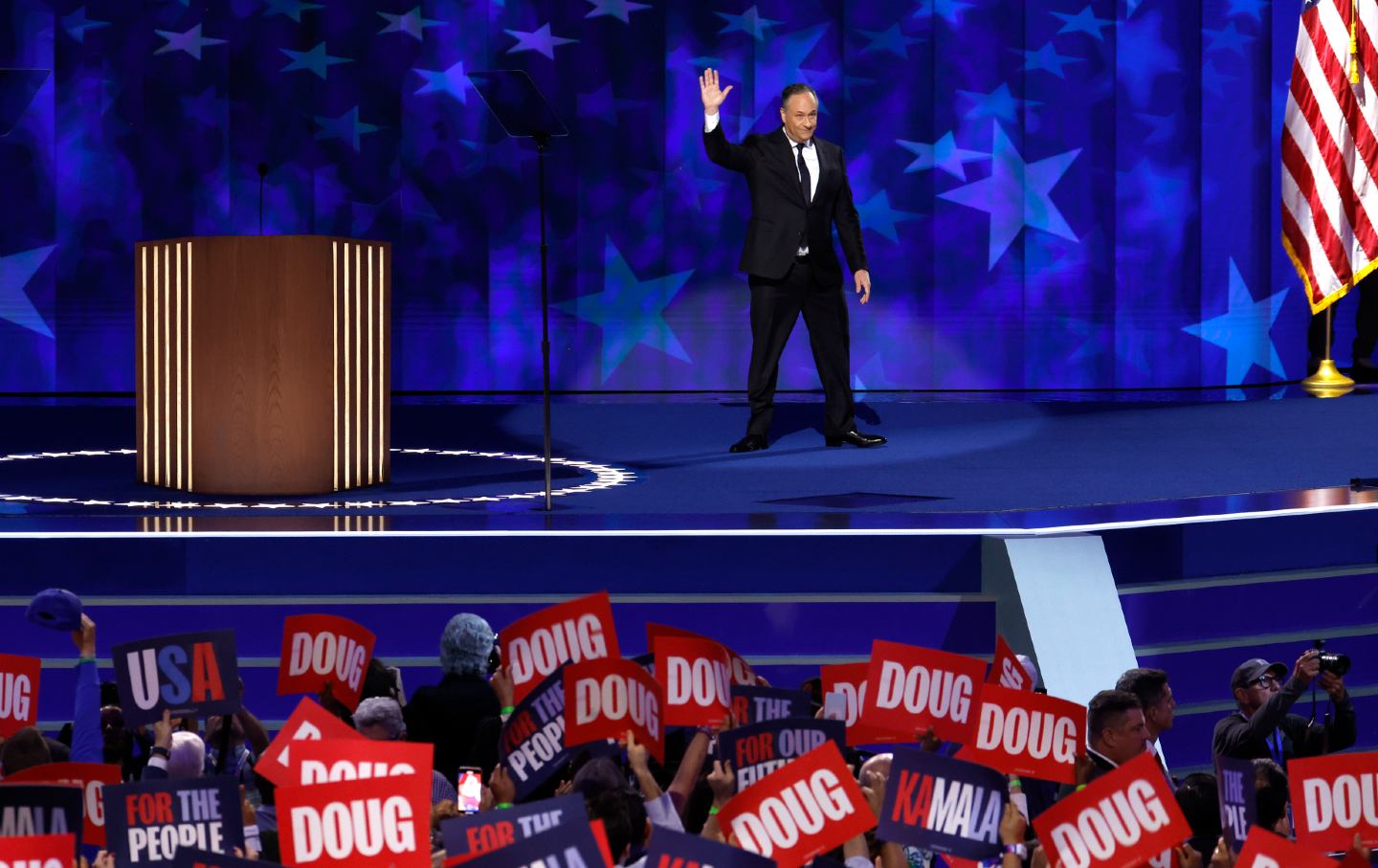 Second gentleman Doug Emhoff departs after speaking on stage during the second day of the Democratic National Convention at the United Center on August 20, 2024, in Chicago.