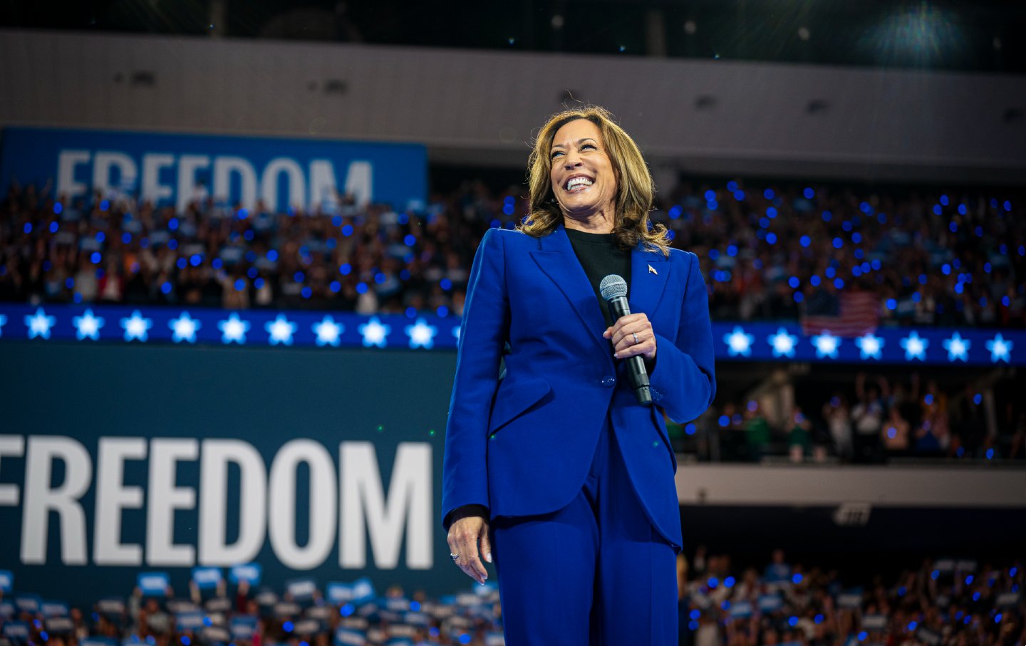 Vice President Kamala Harris speaks at a campaign rally on August 20, 2024, at Fiserv Forum, the site of the 2024 Republican National Convention.