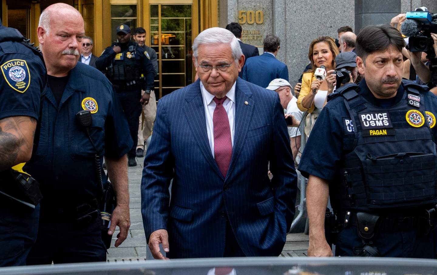 US Senator Bob Menendez (D-NJ) exits Manhattan federal court on July 16, 2024, in New York City.