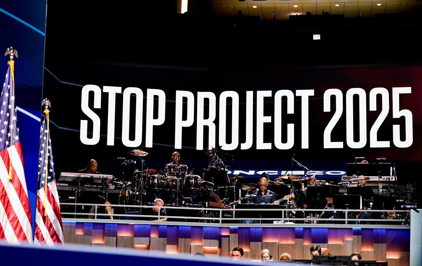 A Stop Project 2025 sign during the Democratic National Convention (DNC) at the United Center in Chicago.