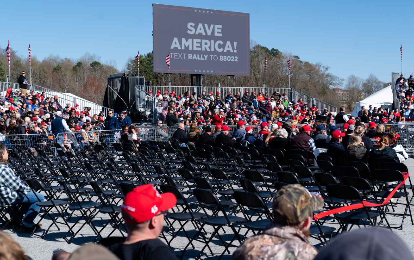 A section of empty seats at an event headlined by former president Donald Trump in Commerce, Georgia, on March 26, 2022.