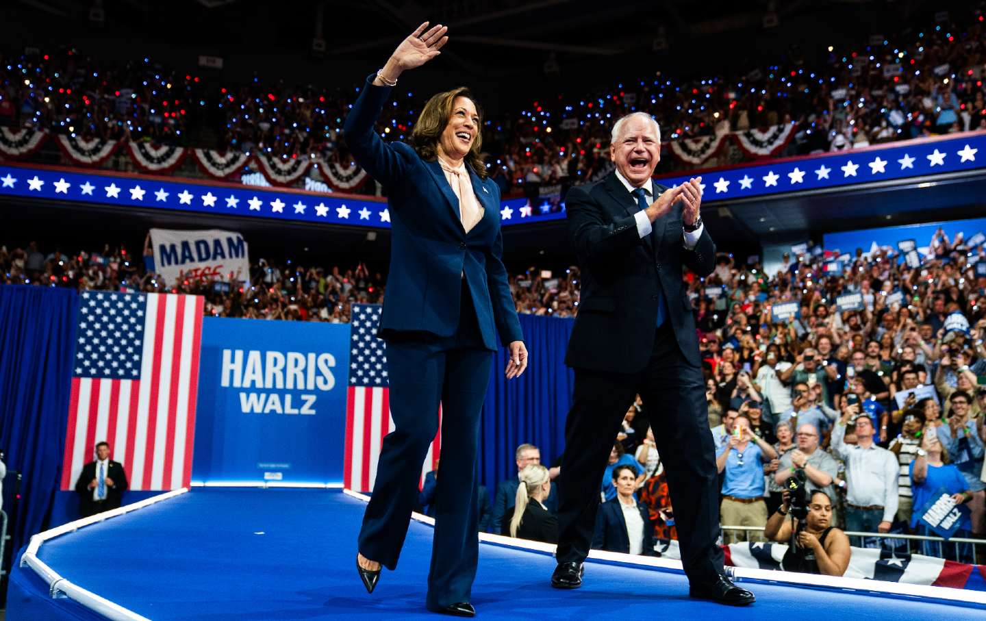 Vice President Kamala Harris and Democratic vice presidential nominee Minnesota Governor Tim Walz during a campaign event at the Liacouras Center at Temple University in Philadelphia on August 6, 2024.