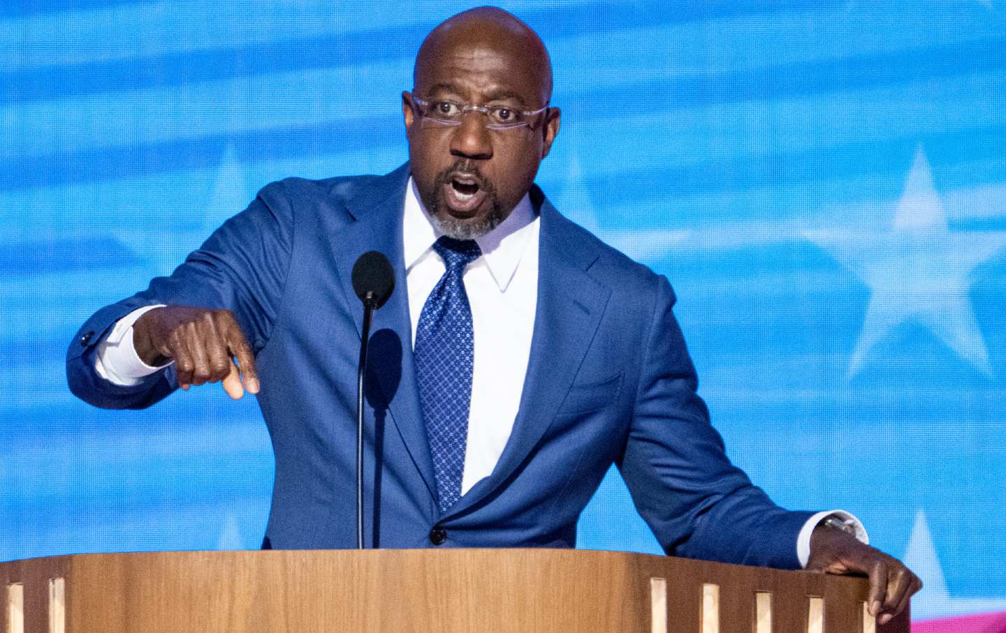 Senator Raphael Warnock speaks during the 2024 Democratic National Convention at the United Center in Chicago on August 19, 2024.